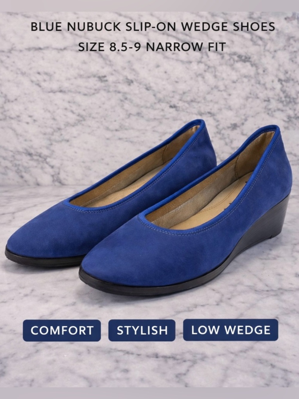 Robert Zur Blue Nubuck Wedge Shoes Slip On Comfort Flats Size 8.5-9
